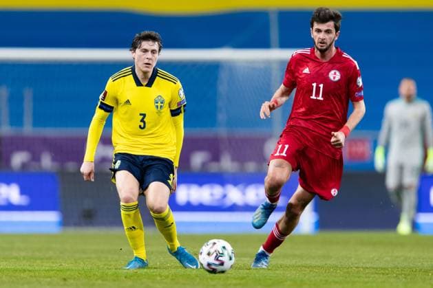 210325 Victor Nilsson Lindelöf of Sweden and Giorgi Kvilitaia of Georgia during the FIFA World Cup, WM, Weltmeisterschaft, Fussball Qualifier football match between Sweden and Georgia on March 25, 2021 in Stockholm. Photo: Andreas L Eriksson BILDBYRAN COP 106 JM0097 bbeng fotboll football soccer fotball vm-kval kval fifa world cup qualifier qualifier landskamp sverige sweden sverige a georgia georgien Copyright: ANDREASxLxERIKSSON BB210325AE025