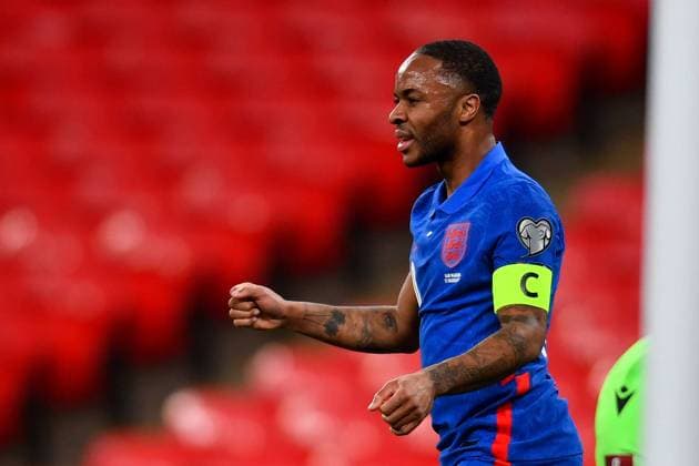 London, England, March 25th 2021: Captain Raheem Sterling (England 10) celebrates scoring his goal during the World Cup 2022 Qualification match between England and San Marino at Wembley Stadium in London, England. 2022 World Cup Qualifiers - England V San Marino 