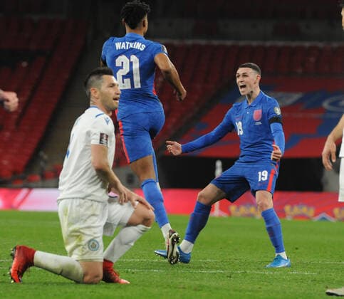 Football - 2022 FIFA World Cup, WM, Weltmeisterschaft, Fussball - European Qualifying - Group I - England vs San Marino - Wembley Stadium Ollie Watkins of England celebrates scoring goal no 5 with Ben Foden on his debut 