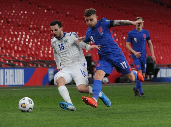 Football - 2022 FIFA World Cup, WM, Weltmeisterschaft, Fussball - European Qualifying - Group I - England vs San Marino - Wembley Stadium Kieran Trippier of England and Luca Ceccaroli of San Marino 