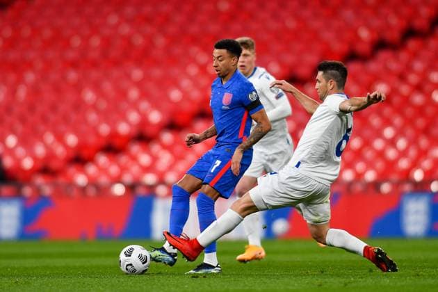 London, England, March 25th 2021: Jesse Lingard (England 7) controls the ball during the World Cup 2022 Qualification match between England and San Marino at Wembley Stadium in London, England. 2022 World Cup Qualifiers - England V San Marino 