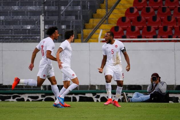 Derek Corneluis (R) of Canada celebrates after scoring against Honduras during the CONCACAF Men s Olympic Qualification tournament soccer match at Jalisco Stadium in Guadalajara, Mexico, 25 March 2021. Honduras vs. Canada !ACHTUNG: NUR REDAKTIONELLE NUTZUNG!  Copyright: xFranciscoxGuascox AME5687 20210326-637523328568318045