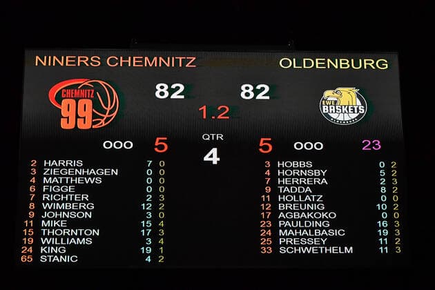 Chemnitz, Deutschland 26. Maerz 2021: BBL - 2020 2021 - Niners Chemnitz vs. EWE Baskets Oldenburg Spielstand 82:82 nach dem Ende der offiziellen Spielzeit Messe Chemnitz Sachsen Copyright: xFotostandx xDostmannx