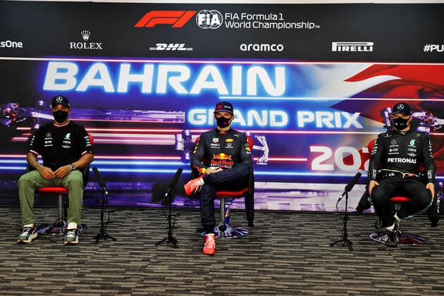 F1 Grand Prix of Bahrain 44 Lewis Hamilton (GBR, Mercedes-AMG Petronas F1 Team), 33 Max Verstappen (NED, Red Bull Racing), 77 Valtteri Bottas (FIN, Mercedes-AMG Petronas F1 Team), F1 Grand Prix of Bahrain at Bahrain International Circuit on March 27, 2021 in Sakhir, Bahrain. (Photo by xpbimages.com XPB Images FIA Pool via HOCH ZWEI) Sakhir Bahrain Poolfoto HOCH ZWEI Pool XPB Images ,EDITORIAL USE ONLY