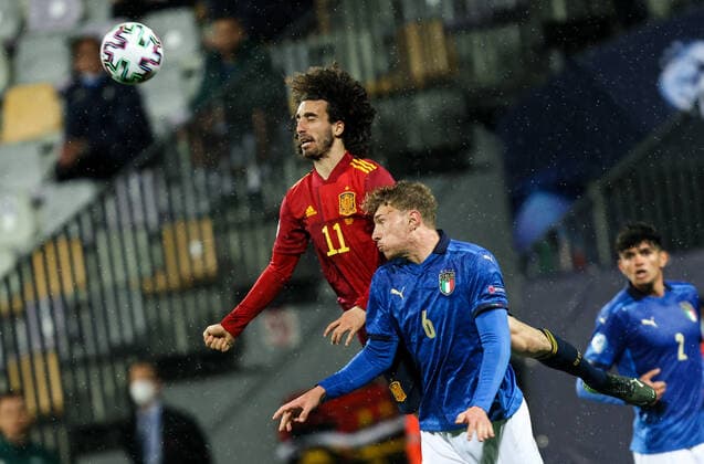 MARIBOR, SLOVENIA - MARCH 27: Marc Cucurella of Spain vs Matteo Lovato of Italy during the 2021 UEFA European Under-21 Championship Group B match between Spain and Italy at Stadion Ljudski vrt on March 27, 2021 in Maribor, Slovenia. (Photo by Vid Ponikvar Sportida) SPO, SOC, FOI  Copyright: xSportida