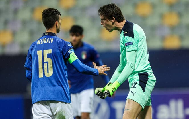 MARIBOR, SLOVENIA - MARCH 27: Enrico Del Prato of Italy and Marco Carnesecchi of Italy celebrate after the 2021 UEFA European Under-21 Championship Group B match between Spain and Italy at Stadion Ljudski vrt on March 27, 2021 in Maribor, Slovenia. (Photo by Vid Ponikvar Sportida) SPO, SOC, FOI  Copyright: xSportida