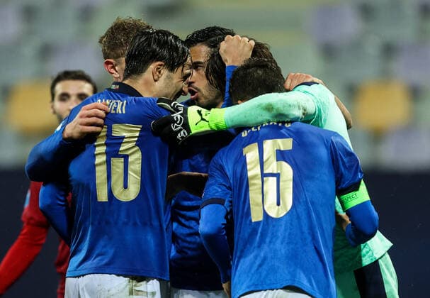 MARIBOR, SLOVENIA - MARCH 27: Players of Italy celebrate after the 2021 UEFA European Under-21 Championship Group B match between Spain and Italy at Stadion Ljudski vrt on March 27, 2021 in Maribor, Slovenia. (Photo by Vid Ponikvar Sportida) SPO, SOC, FOI  Copyright: xSportida