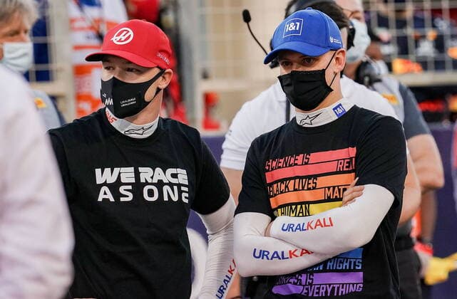 Formula 1 Gulf Air Bahrain Grand Prix 2021 28.03.2021, Bahrain International Circuit, Sakhir, Formula 1 Gulf Air Bahrain Grand Prix 2021 ,im Bild Nikita Mazepin (RUS 9), Haas F1 Team, Mick Schumacher (DEU 47), Haas F1 Team mit Â