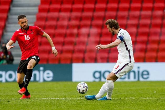 Mandatory Credit: Photo by Nikola Krstic BPI Shutterstock (11832717t) Harry Kane of England and Sokol Cikalleshi of Albania Albania v England, FIFA World Cup, WM, Weltmeisterschaft, Fussball Qualifying Group I, Football, Arena Kombetare, Tirana, Albania - 28 Mar 2021 Albania v England, FIFA World Cup Qualifying Group I, Football, Arena Kombetare, Tirana, Albania - 28 Mar 2021 Copyright: xNikolaxKrstic BPI Shutterstockx 11832717t
