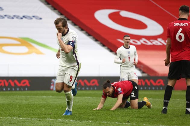 Albania v England 2022 FIFA World Cup, WM, Weltmeisterschaft, Fussball Qualifiers Harry Kane of England celebrates after opening the scoring during the 2022 FIFA World Cup Qualifiers match at the Air Albania Stadium, Tirana Content Not Available For UK Newspapers Copyright: xFocusxImagesx FIL-15360-0039
