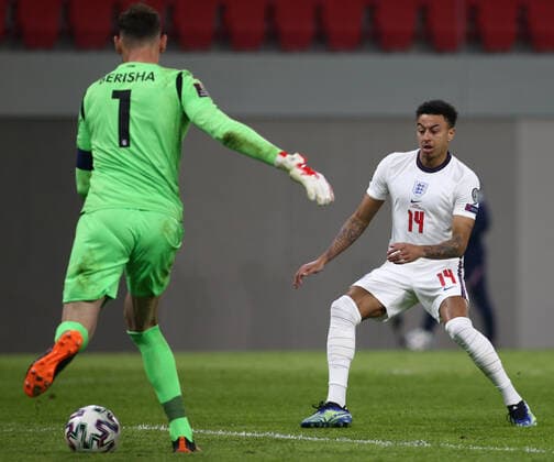 Albania v England 2022 FIFA World Cup, WM, Weltmeisterschaft, Fussball Qualifiers Jesse Lingard of England closes down Etrit Berisha of Albania during the 2022 FIFA World Cup Qualifiers match at the Air Albania Stadium, Tirana Content Not Available For UK Newspapers Copyright: xFocusxImagesx FIL-15360-0064