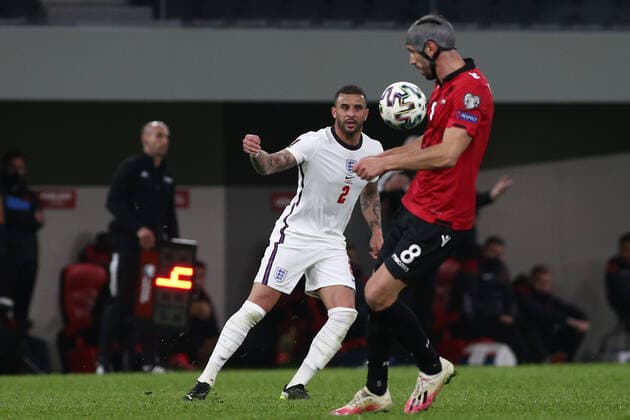 Albania v England 2022 FIFA World Cup, WM, Weltmeisterschaft, Fussball Qualifiers Kyle Walker of England watches Klaus Gjasula of Albania control the ball during the 2022 FIFA World Cup Qualifiers match at the Air Albania Stadium, Tirana Content Not Available For UK Newspapers Copyright: xFocusxImagesx FIL-15360-0066
