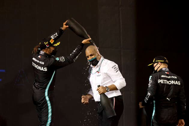 44 Lewis Hamilton (GBR, Mercedes-AMG Petronas F1 Team), Russell Braithwaite (Mercedes-AMG Petronas F1 Team), 77 Valtteri Bottas (FIN, Mercedes-AMG Petronas F1 Team), F1 Grand Prix of Bahrain at Bahrain International Circuit on March 28, 2021 in Sakhir, Bahrain. (Photo by HOCH ZWEI) Sakhir Bahrain