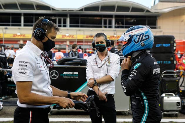 Antti Vierula (FIN, Mercedes-AMG Petronas F1 Team), Riccardo Musconi (ITA, Mercedes-AMG Petronas F1 Team), 77 Valtteri Bottas (FIN, Mercedes-AMG Petronas F1 Team), F1 Grand Prix of Bahrain at Bahrain International Circuit on March 28, 2021 in Sakhir, Bahrain. (Photo by HOCH ZWEI) Sakhir Bahrain