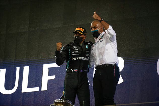 44 Lewis Hamilton (GBR, Mercedes-AMG Petronas F1 Team), Russell Braithwaite (Mercedes-AMG Petronas F1 Team), F1 Grand Prix of Bahrain at Bahrain International Circuit on March 28, 2021 in Sakhir, Bahrain. (Photo by HOCH ZWEI) Sakhir Bahrain