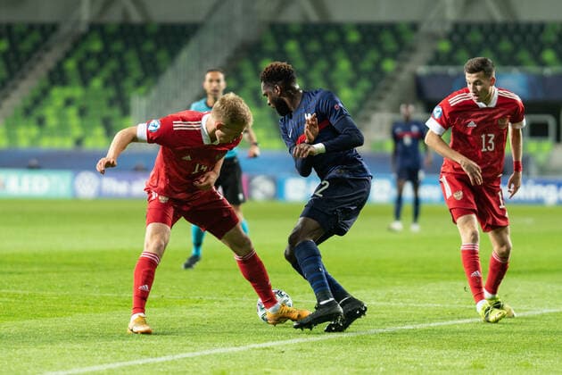 Russia v France, UEFA EURO, EM, Europameisterschaft,Fussball U-21 championship, Szombathely, Hungary Szombathely, Hungary. 28th, March 2021. Pavel Maslov (14) of Russia commit a penalty on Odsonne Edouard (22) of France during the UEFA EURO U-21 match between Russia and France at Haladas Stadium in Szombathely. Szombathely Hungary  Copyright: xGonzalesxPhoto GastonxSzermanx