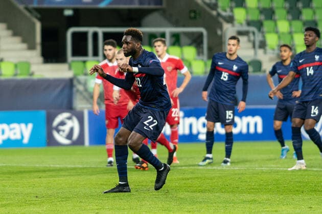 Russia v France, UEFA EURO, EM, Europameisterschaft,Fussball U-21 championship, Szombathely, Hungary Szombathely, Hungary. 28th, March 2021. Odsonne Edouard (22) of France scores for 0-1 from the penalty spot during the UEFA EURO U-21 match between Russia and France at Haladas Stadium in Szombathely. Szombathely Hungary  Copyright: xGonzalesxPhoto GastonxSzermanx