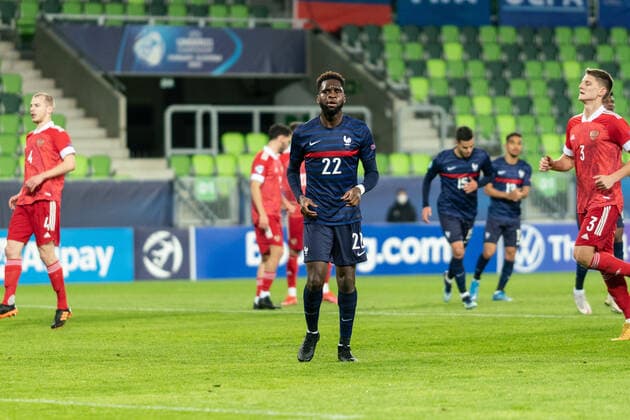Russia v France, UEFA EURO, EM, Europameisterschaft,Fussball U-21 championship, Szombathely, Hungary Szombathely, Hungary. 28th, March 2021. Odsonne Edouard (22) of France scores for 0-1 from the penalty spot during the UEFA EURO U-21 match between Russia and France at Haladas Stadium in Szombathely. Szombathely Hungary  Copyright: xGonzalesxPhoto GastonxSzermanx