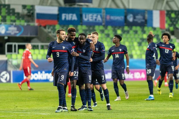 Russia v France, UEFA EURO, EM, Europameisterschaft,Fussball U-21 championship, Szombathely, Hungary Szombathely, Hungary. 28th, March 2021. Odsonne Edouard (22) of France scores for 0-1 from the penalty spot and celebrates with Amine Gouiri (9) during the UEFA EURO U-21 match between Russia and France at Haladas Stadium in Szombathely. Szombathely Hungary  Copyright: xGonzalesxPhoto GastonxSzermanx