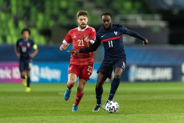 Russia v France, UEFA EURO, EM, Europameisterschaft,Fussball U-21 championship, Szombathely, Hungary Szombathely, Hungary. 28th, March 2021. Jonathan Ikon (11) of France and Danil Glebov (21) of Russia seen during the UEFA EURO U-21 match between Russia and France at Haladas Stadium in Szombathely. Szombathely Hungary  Copyright: xGonzalesxPhoto GastonxSzermanx