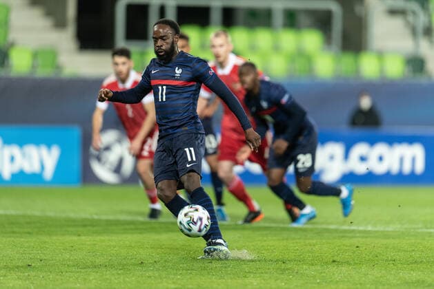 Russia v France, UEFA EURO, EM, Europameisterschaft,Fussball U-21 championship, Szombathely, Hungary Szombathely, Hungary. 28th, March 2021. Jonathan Ikon (11) of France scores for 0-2 from the penalty spot during the UEFA EURO U-21 match between Russia and France at Haladas Stadium in Szombathely. Szombathely Hungary  Copyright: xGonzalesxPhoto GastonxSzermanx