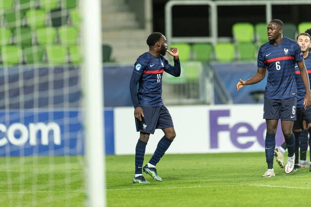 Russia v France, UEFA EURO, EM, Europameisterschaft,Fussball U-21 championship, Szombathely, Hungary Szombathely, Hungary. 28th, March 2021. Jonathan Ikon (11) of France scores for 0-2 from the penalty spot during the UEFA EURO U-21 match between Russia and France at Haladas Stadium in Szombathely. Szombathely Hungary  Copyright: xGonzalesxPhoto GastonxSzermanx