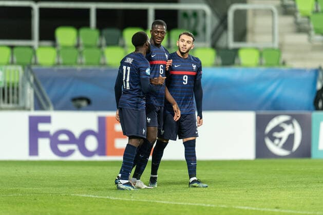 Russia v France, UEFA EURO, EM, Europameisterschaft,Fussball U-21 championship, Szombathely, Hungary Szombathely, Hungary. 28th, March 2021. Jonathan Ikon (11) of France scores for 0-2 from the penalty spot ande celebrates with Ibrahima Konate (6) and Amine Gouiri (9) during the UEFA EURO U-21 match between Russia and France at Haladas Stadium in Szombathely. Szombathely Hungary  Copyright: xGonzalesxPhoto GastonxSzermanx