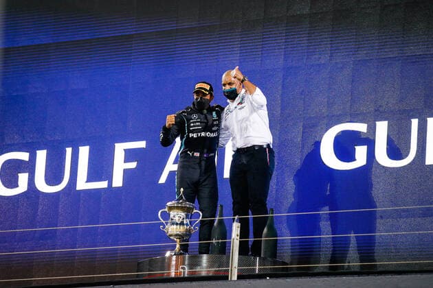 HAMILTON Lewis (gbr), Mercedes AMG F1 GP W12 E Performance, portrait podium during Formula 1 Gulf Air Bahrain Grand Prix 2021 from March 26 to 28, 2021 on the Bahrain International Circuit, in Sakhir, Bahrain FORMULE 1 : Grand prix du Bahrein - Sakhir - Course - 28 03 2021 DPPI Panoramic 