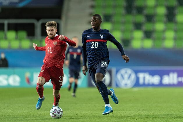 Russia v France, UEFA EURO, EM, Europameisterschaft,Fussball U-21 championship, Szombathely, Hungary Szombathely, Hungary. 28th, March 2021. Boubakary Soumare (20) of France and Danil Glebov (21) of Russia seen during the UEFA EURO U-21 match between Russia and France at Haladas Stadium in Szombathely. Szombathely Hungary  Copyright: xGonzalesxPhoto GastonxSzermanx