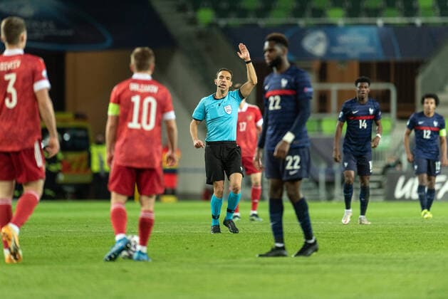 Russia v France, UEFA EURO, EM, Europameisterschaft,Fussball U-21 championship, Szombathely, Hungary Szombathely, Hungary. 28th, March 2021. Referee Guillermo Cuadra Fernandez seen in action during the UEFA EURO U-21 match between Russia and France at Haladas Stadium in Szombathely. Szombathely Hungary  Copyright: xGonzalesxPhoto GastonxSzermanx
