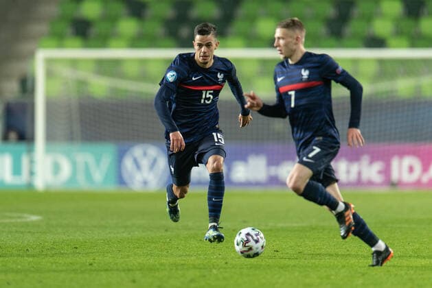 Russia v France, UEFA EURO, EM, Europameisterschaft,Fussball U-21 championship, Szombathely, Hungary Szombathely, Hungary. 28th, March 2021. Romain Faivre (15) of France seen during the UEFA EURO U-21 match between Russia and France at Haladas Stadium in Szombathely. Szombathely Hungary  Copyright: xGonzalesxPhoto GastonxSzermanx