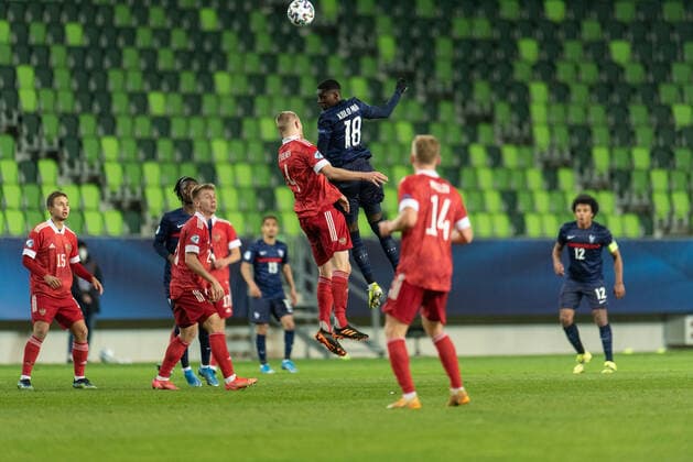 Russia v France, UEFA EURO, EM, Europameisterschaft,Fussball U-21 championship, Szombathely, Hungary Szombathely, Hungary. 28th, March 2021. Randal Kolo Muani (18) of France and Roman Evgeniev (4) of Russia seen during the UEFA EURO U-21 match between Russia and France at Haladas Stadium in Szombathely. Szombathely Hungary  Copyright: xGonzalesxPhoto GastonxSzermanx