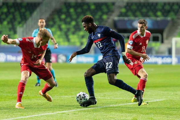 Russia v France, UEFA EURO, EM, Europameisterschaft,Fussball U-21 championship, Szombathely, Hungary Szombathely, Hungary. 28th, March 2021. Odsonne Edouard (22) of France and Pavel Maslov (14) of Russia seen during the UEFA EURO U-21 match between Russia and France at Haladas Stadium in Szombathely. Szombathely Hungary  Copyright: xGonzalesxPhoto GastonxSzermanx