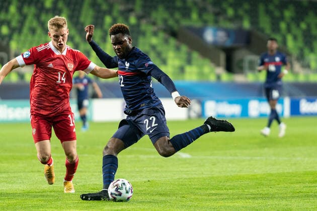Russia v France, UEFA EURO, EM, Europameisterschaft,Fussball U-21 championship, Szombathely, Hungary Szombathely, Hungary. 28th, March 2021. Odsonne Edouard (22) of France and Pavel Maslov (14) of Russia seen during the UEFA EURO U-21 match between Russia and France at Haladas Stadium in Szombathely. Szombathely Hungary  Copyright: xGonzalesxPhoto GastonxSzermanx