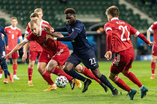 Russia v France, UEFA EURO, EM, Europameisterschaft,Fussball U-21 championship, Szombathely, Hungary Szombathely, Hungary. 28th, March 2021. Odsonne Edouard (22) of France seen during the UEFA EURO U-21 match between Russia and France at Haladas Stadium in Szombathely. Szombathely Hungary  Copyright: xGonzalesxPhoto GastonxSzermanx