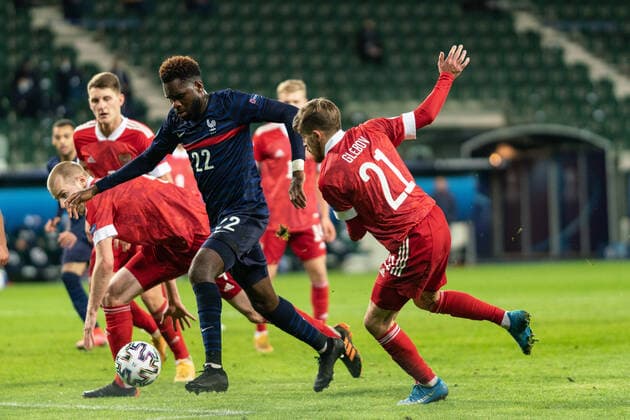 Russia v France, UEFA EURO, EM, Europameisterschaft,Fussball U-21 championship, Szombathely, Hungary Szombathely, Hungary. 28th, March 2021. Odsonne Edouard (22) of France seen during the UEFA EURO U-21 match between Russia and France at Haladas Stadium in Szombathely. Szombathely Hungary  Copyright: xGonzalesxPhoto GastonxSzermanx