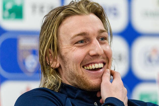 210328 Emil Forsberg of Sweden during the press conference, PK, Pressekonferenz after the FIFA World Cup, WM, Weltmeisterschaft, Fussball Qualifier football match between Kosovo and Sweden on March 28, 2021 in Pristina. Photo: Ludvig Thunman BILDBYRAN kod LT LT0140 fotboll football soccer fotball vm-kval kval fifa world cup qualifier qualifier kosovo sverige sweden sverige a bbeng presskonferens *** 210328 Emil Forsberg of Sweden during the press conference after the FIFA World Cup Qualifier football match between Kosovo and Sweden on March 28, 2021 in Pristina Photo Ludvig Thunman BILDBYRAN kod LT LT0140 fotboll football soccer fotball vm kval kval fifa world cup qualifier qualifier kosovo sverige sweden sweden a bbeng press conference,  Copyright: LUDVIGxTHUNMAN BB210328LT204