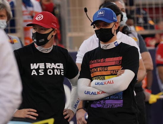 Formula 1 Gulf Air Bahrain Grand Prix 2021 28.03.2021, Bahrain International Circuit, Sakhir, Formula 1 Gulf Air Bahrain Grand Prix 2021 ,im Bild Nikita Mazepin (RUS 9), Haas F1 Team, Mick Schumacher (DEU 47), Haas F1 Team