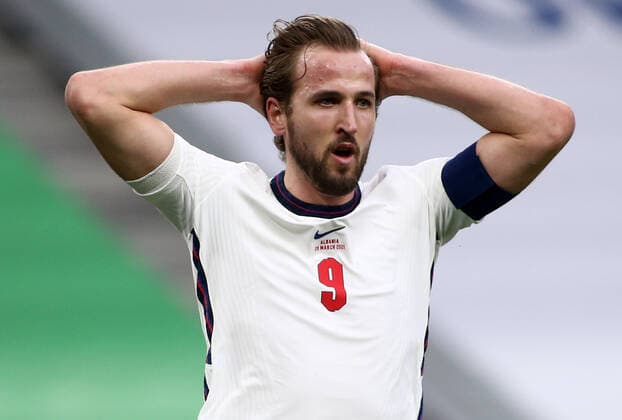 TIRANA, ALBANIA - MARCH 28: Harry Kane of Engalnd has his head in his hands during the FIFA World Cup, WM, Weltmeisterschaft, Fussball 2022 Qatar qualifying match between Albania and England at the Qemal Stafa Stadium on March 28, 2021 in Tirana, Albania. Sporting stadiums around Europe remain under strict restrictions due to the Coronavirus Pandemic as Government social distancing laws prohibit fans inside venues resulting in games being played behind closed doors SPO, SOC, FOI 