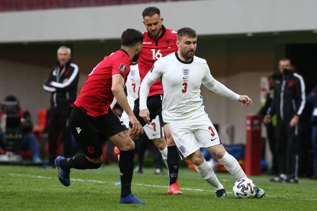 TIRANA, ALBANIA - MARCH 28: Luke Shaw of England during the FIFA World Cup, WM, Weltmeisterschaft, Fussball 2022 Qatar qualifying match between Albania and England at the Qemal Stafa Stadium on March 28, 2021 in Tirana, Albania. Sporting stadiums around Europe remain under strict restrictions due to the Coronavirus Pandemic as Government social distancing laws prohibit fans inside venues resulting in games being played behind closed doors SPO, SOC, FOI 