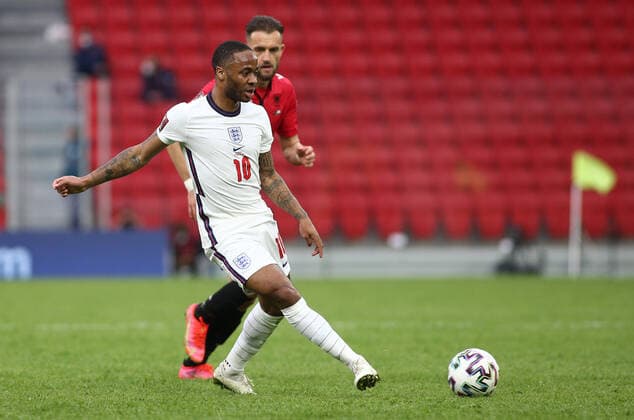TIRANA, ALBANIA - MARCH 28: Raheem Sterling of England during the FIFA World Cup, WM, Weltmeisterschaft, Fussball 2022 Qatar qualifying match between Albania and England at the Qemal Stafa Stadium on March 28, 2021 in Tirana, Albania. Sporting stadiums around Europe remain under strict restrictions due to the Coronavirus Pandemic as Government social distancing laws prohibit fans inside venues resulting in games being played behind closed doors SPO, SOC, FOI 