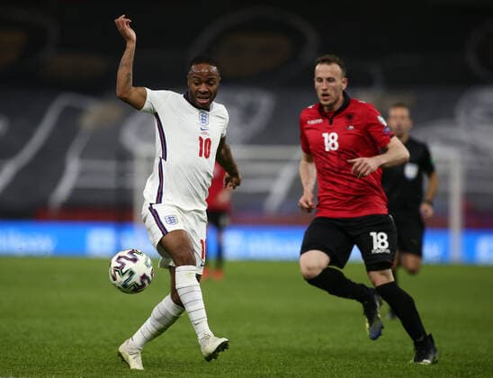 TIRANA, ALBANIA - MARCH 28:Raheem Sterling of England during the FIFA World Cup, WM, Weltmeisterschaft, Fussball 2022 Qatar qualifying match between Albania and England at the Qemal Stafa Stadium on March 28, 2021 in Tirana, Albania. Sporting stadiums around Europe remain under strict restrictions due to the Coronavirus Pandemic as Government social distancing laws prohibit fans inside venues resulting in games being played behind closed doors SPO, SOC, FOI 