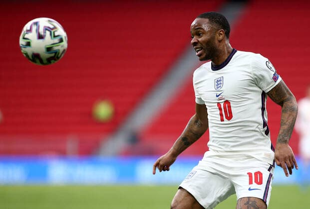 TIRANA, ALBANIA - MARCH 28: Raheem Sterling of England during the FIFA World Cup, WM, Weltmeisterschaft, Fussball 2022 Qatar qualifying match between Albania and England at the Qemal Stafa Stadium on March 28, 2021 in Tirana, Albania. Sporting stadiums around Europe remain under strict restrictions due to the Coronavirus Pandemic as Government social distancing laws prohibit fans inside venues resulting in games being played behind closed doors SPO, SOC, FOI 