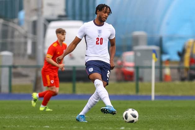 Wales v England 29 03 2021. U18 International Friendly, Länderspiel, Nationalmannschaft England Under 18 s James Balagazi (20) in action during the international friendly match between U18 Wales and U18 England at Leckwith Stadium, Cardiff, Wales on 29 March 2021. Cardiff Leckwith Stadium Wales Editorial use only , Copyright: xDanxMintox PSI-12188-0043