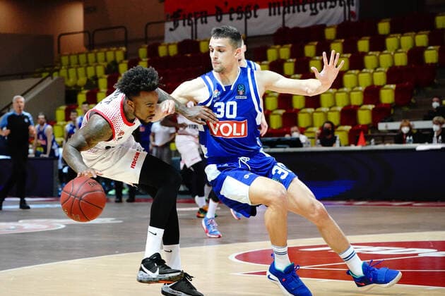 Dee Bost (AS Monaco) - Petar Popovic (Buducnost Podgorica) BASKETBALL : Monaco vs FK Buducnost Podgorica - Eurocoupe - Monaco - 31 03 2021 NorbertScanella PanoramiC 