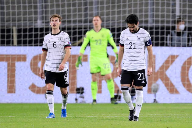 GUENDOGAN Ilkay Kapitaen Team Deutschland mit KIMMICH Joshua Fussball WM 2022 Qualifikation Spiel Gruppe J Deutschland - Nordmazedonien 1 : 2 am 31.03.2021 in Duisburg DFL REGULATIONS PROHIBIT ANY USE OF PHOTOGRAPHS as IMAGE SEQUENCES and or QUASI-VIDEO