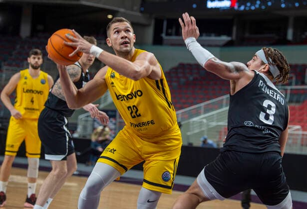 (210401) -- RIGA, April 1, 2021 -- Isaiah Pineiro (R) of VEF Riga vies with Emir Sulejmanovic of Lenovo Tenerife during the Europe Basketball Champions League group J match between VEF Riga and Lenovo Tenerife in Riga, Latvia, on March 31, 2021. (Photo by Xinhua) (SP)LATVIA-RIGA-BASKETBALL-EUROPE CHAMPIONS LEAGUE-VEF RIGA VS LENOVO TENERIFE EdijsxPalens 