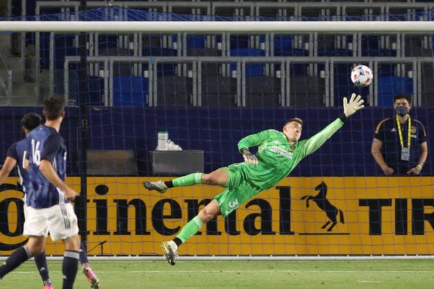 March 31, 2021: New England Revolution goalkeeper Brad Knighton (18) canÃ¢â‚¬â ¢t make the save during the game between the New England Revolution and the Los Angeles Galaxy at Dignity Health Sports Park in Los Angeles, CA., USA. ( ) USA - ZUMAc04_ 20210331_zaf_c04_445 Copyright: xPeterxJoneleitx