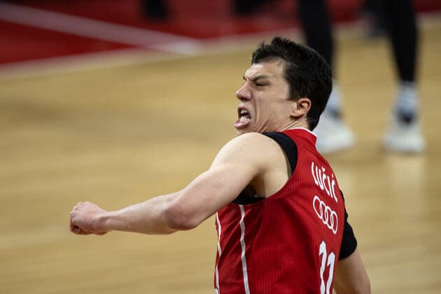 Jubelschrei ... Bayerns 11 Vladimir LUCIC nach Spielende. Basketball, Euroleague, FC Bayern - Kaunas, Saison 2020-2021, am 1.4.2021 in Muenchen, A U D I D O M E, Deutschland. Quelle Copyright Credit : Oryk HAIST
