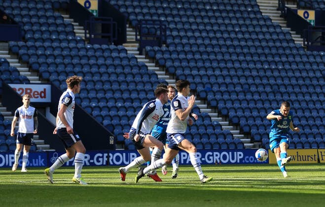 2nd April 2021; Deepdale Stadium, Preston, Lancashire, England; English Football League Championship Football, Preston North End versus Norwich City; Emi Buendia of Norwich City shoots and beats Daniel Iverson of Preston North End to give his side a 0-1 lead after 17 minutes  ActionPlus12278518 DavidxBlunsden